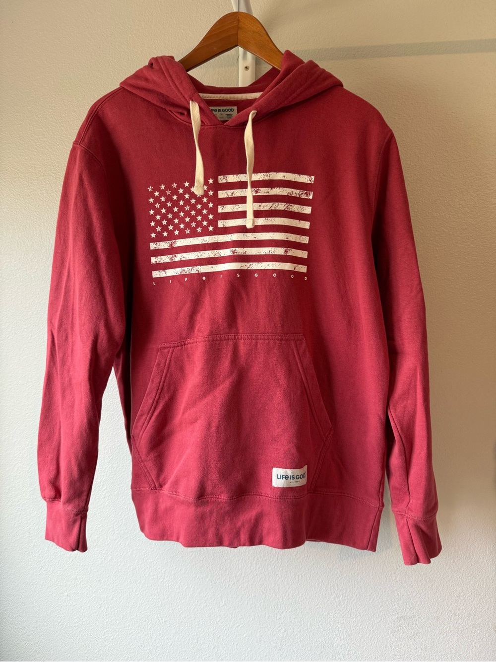Life Is Good Red Men's Hoodie with Distressed White Flag Graphic